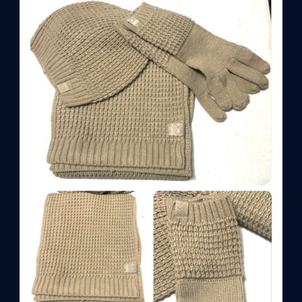 Calvin Klein 3 Piece Scarf, Hat, and Gloves set in Beige Gift Set